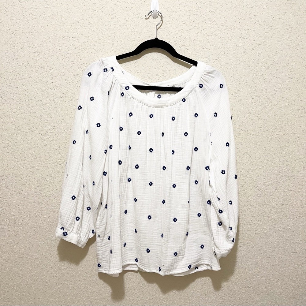Madewell Embroidered Lightspun Wide-Neck Cuffed-Sleeve Top Large